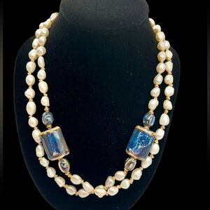 Hand Knotted 46” Fresh Water Pearl & Blue Glazed Porcelain Stone Bead Necklace.